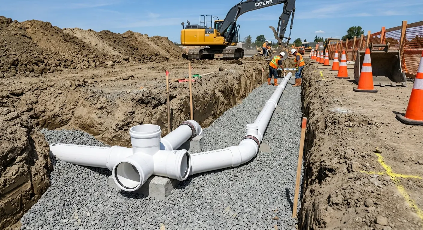 New PVC sewer pipe installation in open trench for Sewer Backup in Helena Valley West Central