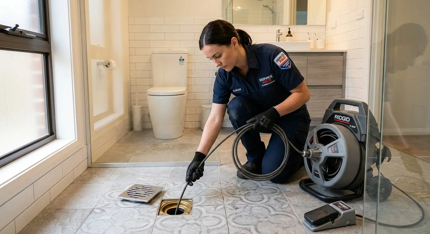 Technician clearing a bathroom floor drain for Sewer Line Replacement in Helena Valley West Central